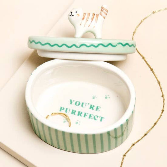 Lisa Angel - Green Oval Ceramic Cat Trinket Pot