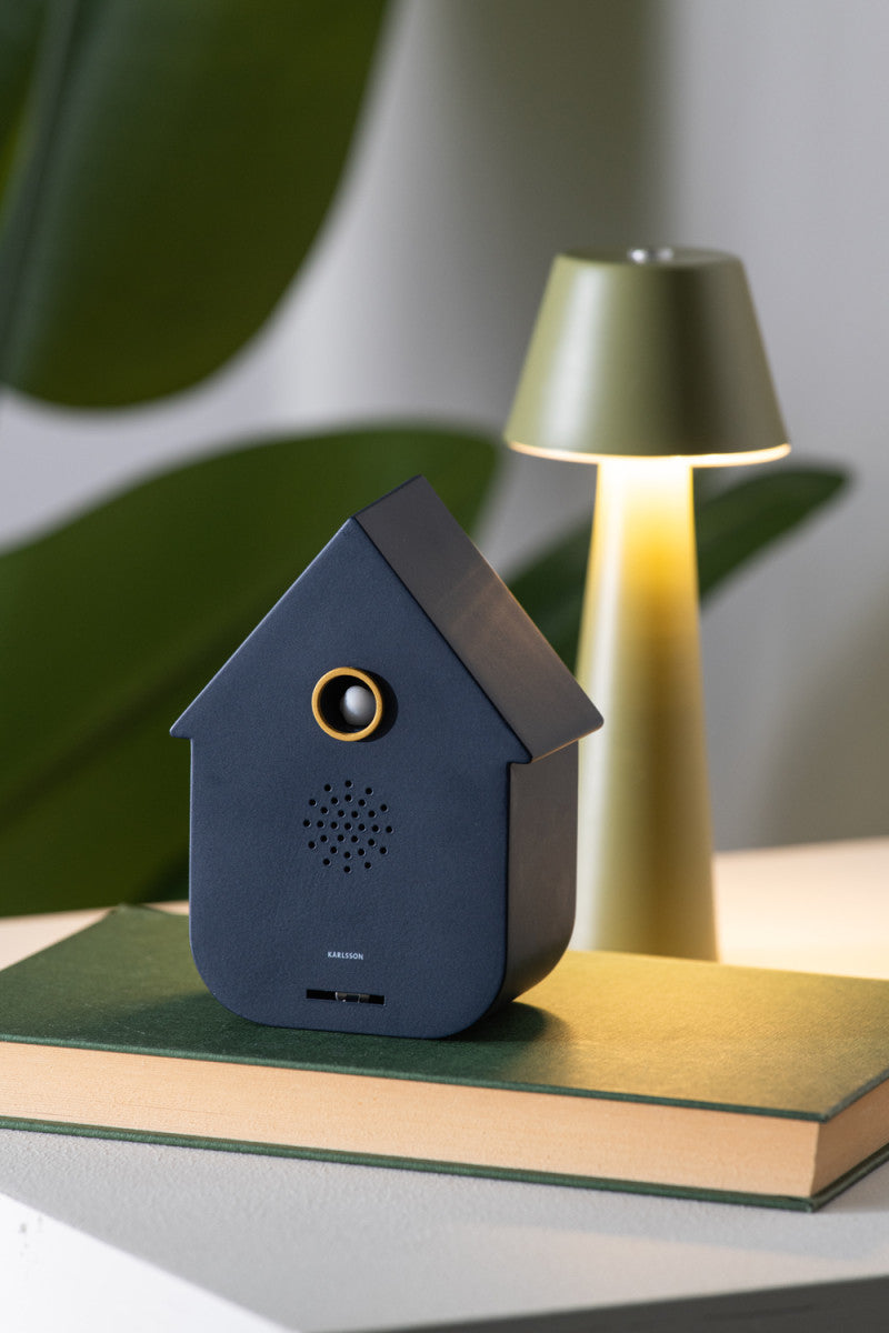House-shaped speaker on a book with a lamp in the background