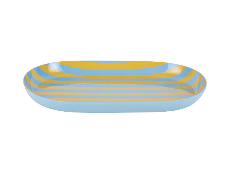 Rectangular plate with blue and yellow striped pattern on a white background