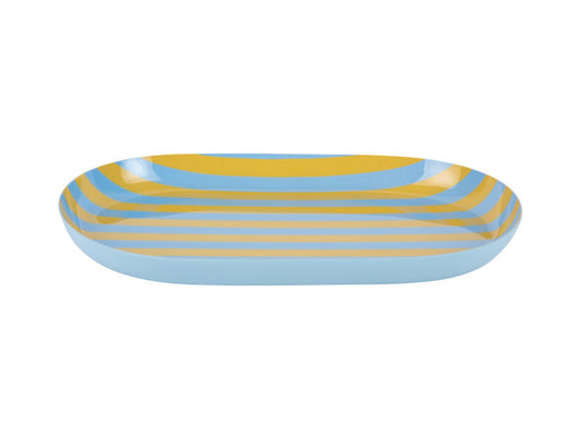 Rectangular plate with blue and yellow striped pattern on a white background