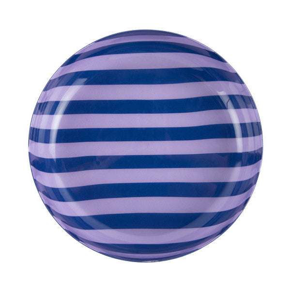 Round object with blue and purple horizontal stripes on a white background