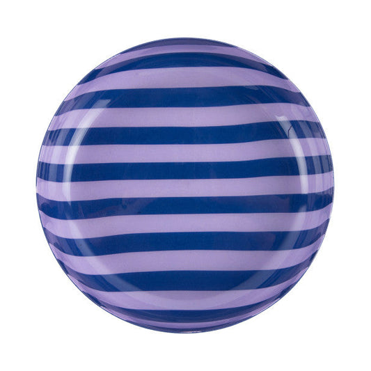 Round object with blue and purple horizontal stripes on a white background