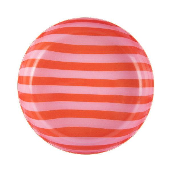 Round object with red and pink horizontal stripes on a white background