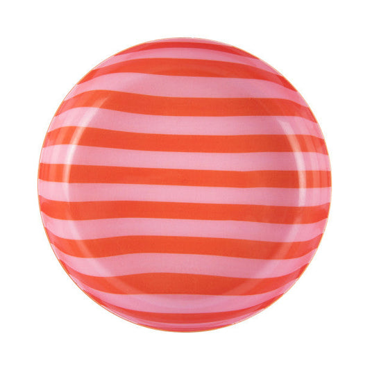 Round object with red and pink horizontal stripes on a white background