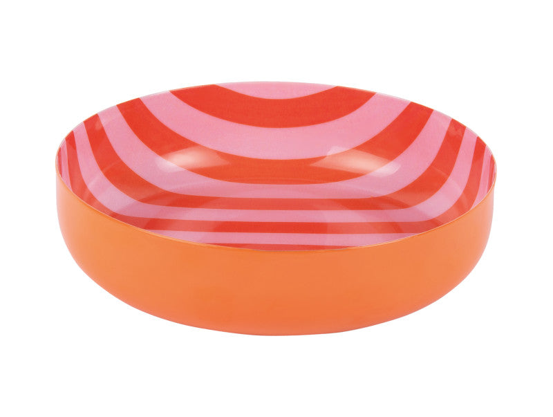 Round container with red and pink striped lid on a white background