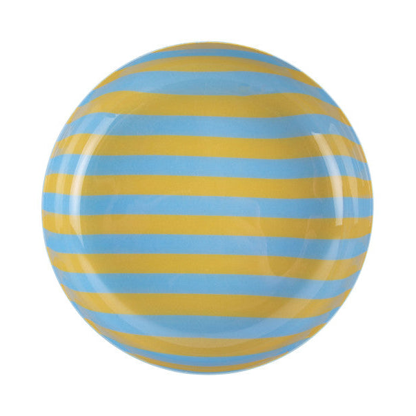 Round object with blue and yellow horizontal stripes on a white background