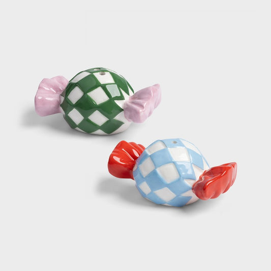 &Kelvering Salt & Pepper shaped like candy with checked wrappers - one blue and one green