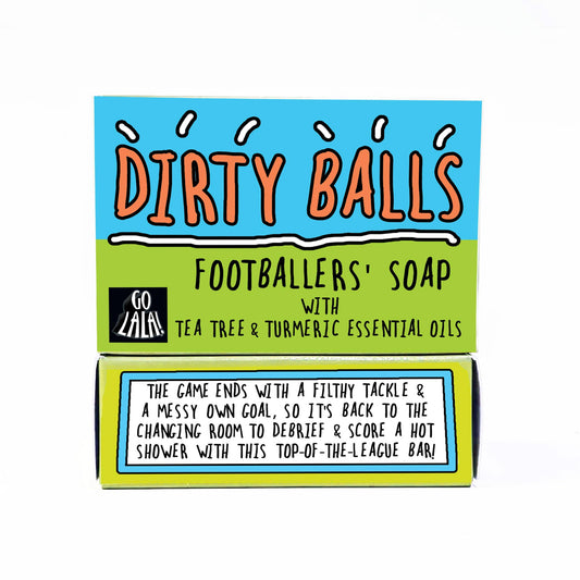 Soap packaging for 'Dirty Balls Footballers' Soap' with colourful design and text.