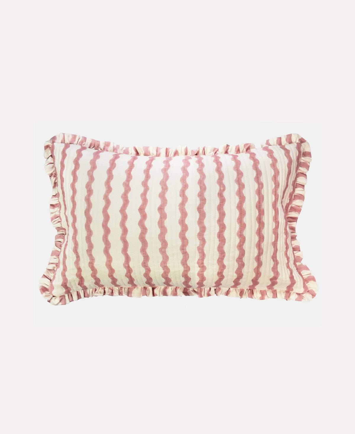 Rectangular pillow with pink and white striped pattern on a white background