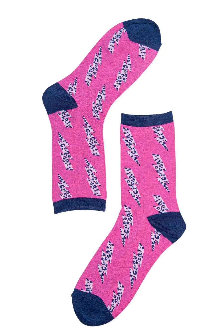 Womens Bamboo Socks Leopard Print Socks Lightning Bolt Pink