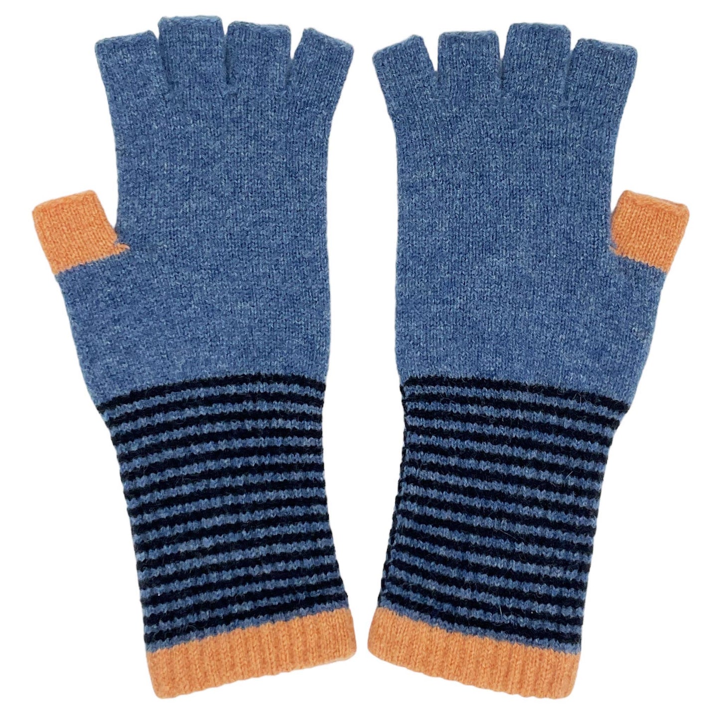 Pair of blue and orange fingerless gloves with striped pattern on a white background