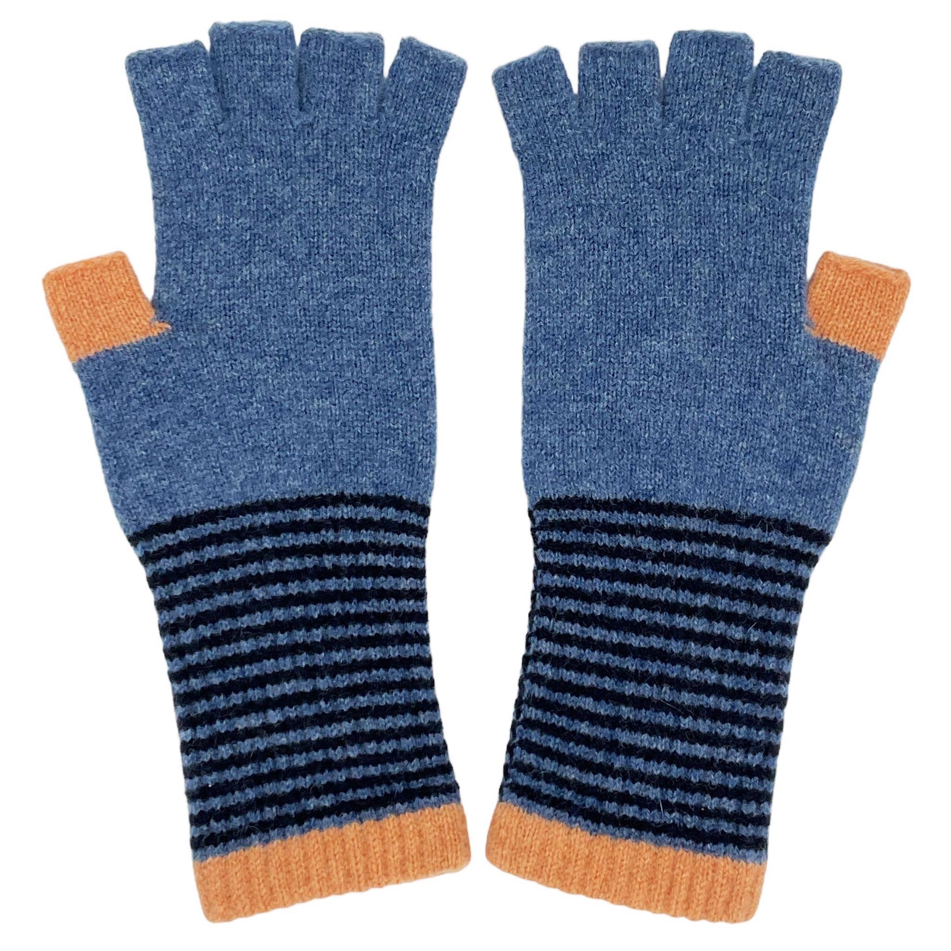 Pair of blue and orange fingerless gloves with striped pattern on a white background