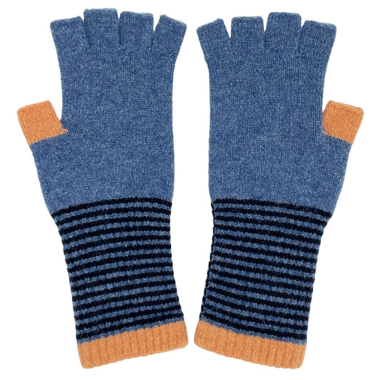 Pair of blue and orange fingerless gloves with striped pattern on a white background
