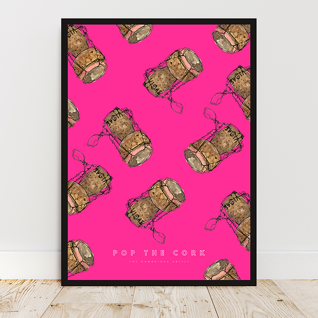 The Hambridge Artist 50x70cm Pop The Cork on a Pink Background Unframed Print