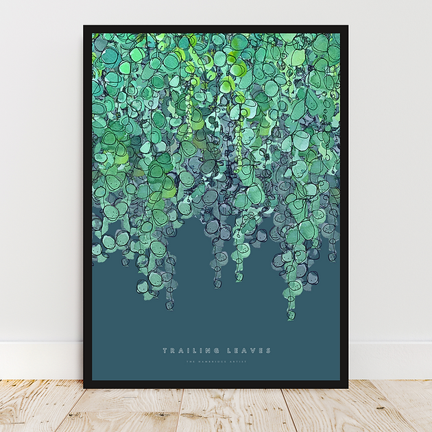 The Hambridge Artist 50x70cm Trailing Leaves on Petrol Background Unframed Print