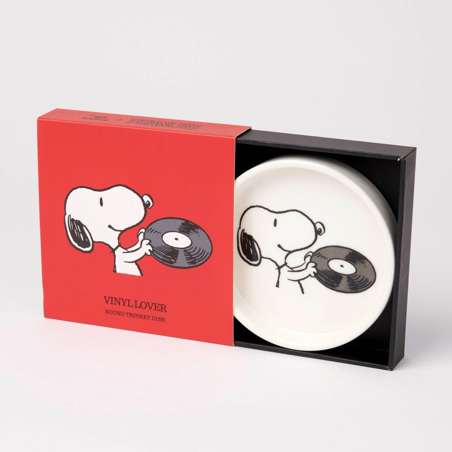 Vinyl record with Snoopy design in a box labeled 'Vinyl Lover' on a white background