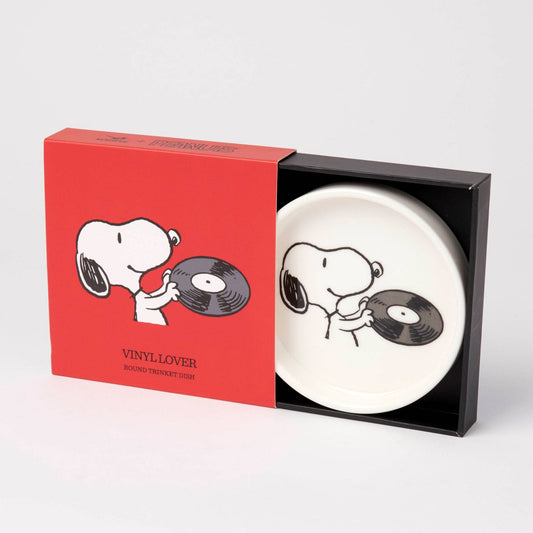 Vinyl record with Snoopy design in a box labeled 'Vinyl Lover' on a white background