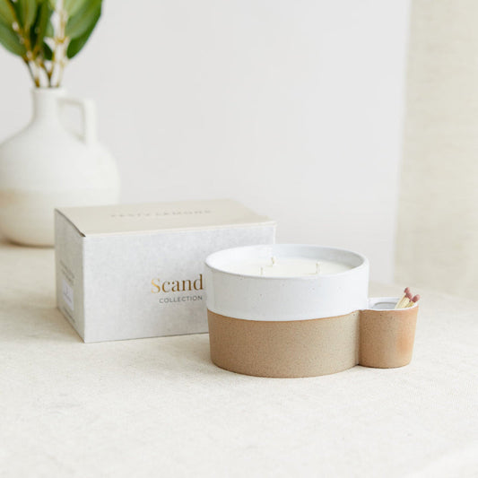Zesty Lemons Scandi: Two Toned Ceramic Candle Holder with Match Holder - Lemon & Lavender