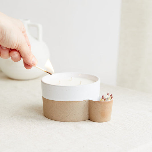 Zesty Lemons Scandi: Two Toned Ceramic Candle Holder with Match Holder - Lemon & Lavender