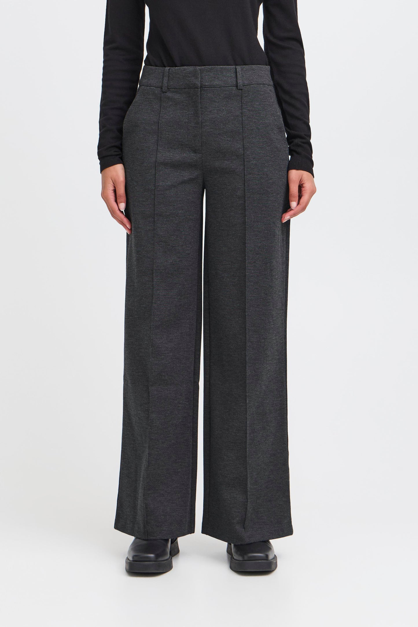 ICHI Kate Office Long Wide Pants in Dark Grey Melange