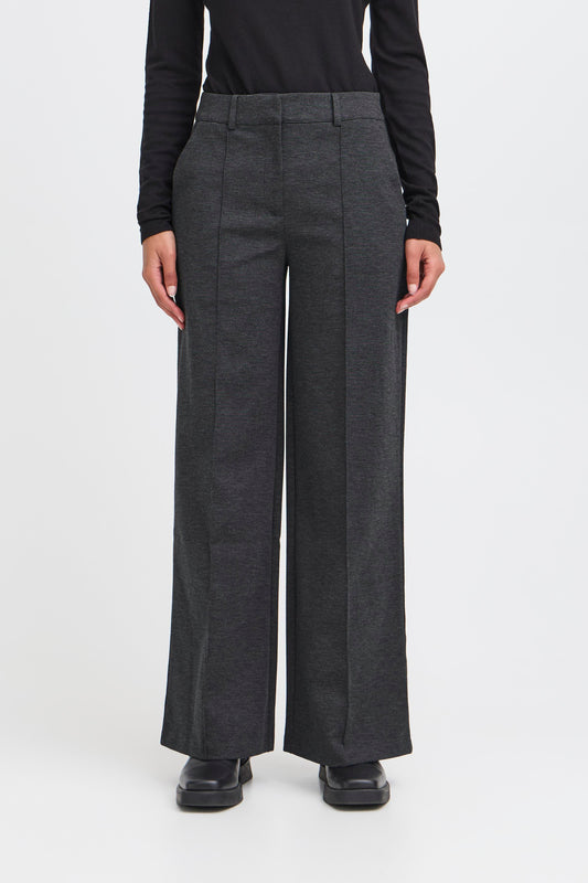 ICHI Kate Office Long Wide Pants in Dark Grey Melange