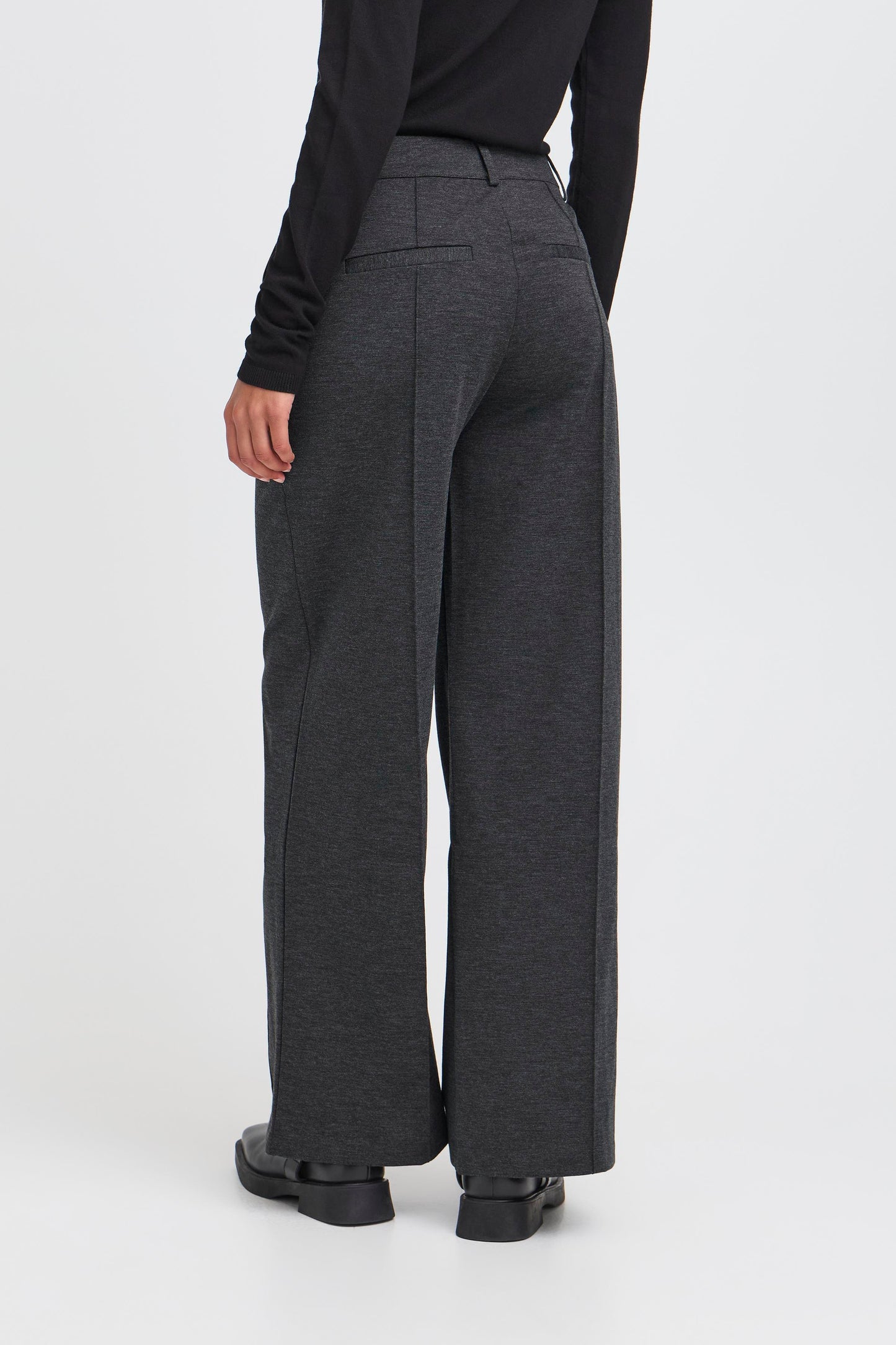 ICHI Kate Office Long Wide Pants in Dark Grey Melange