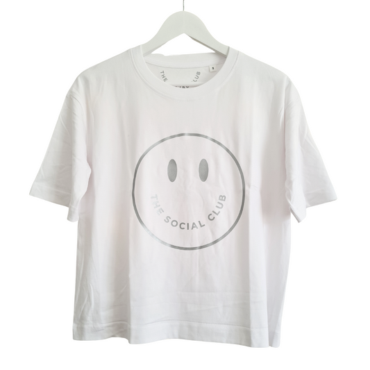 The Social Club London WHITE & SILVER 100% Cotton boxy fit tee with a smiley print in silver