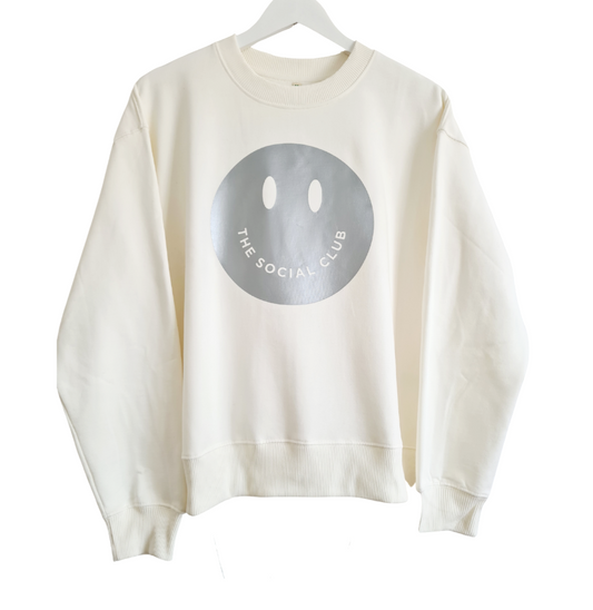The Social Club London Misty White & Silver 100% Organic Happy Face Boxy Sweatshirt