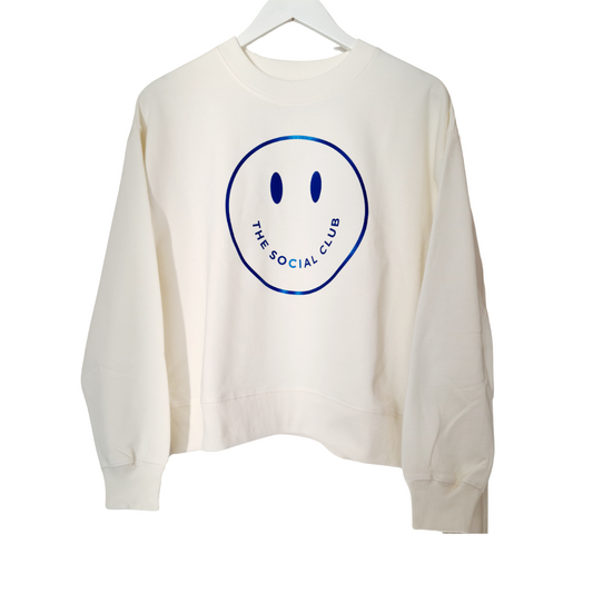 The Social Club London Misty White & Metallic Blue 100% Organic Sweatshirt in an oversized boxy fit
