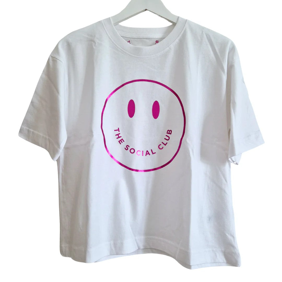 The Social Club London White T-shirt with Pink Metallic Smiley- 100% Organic Cotton