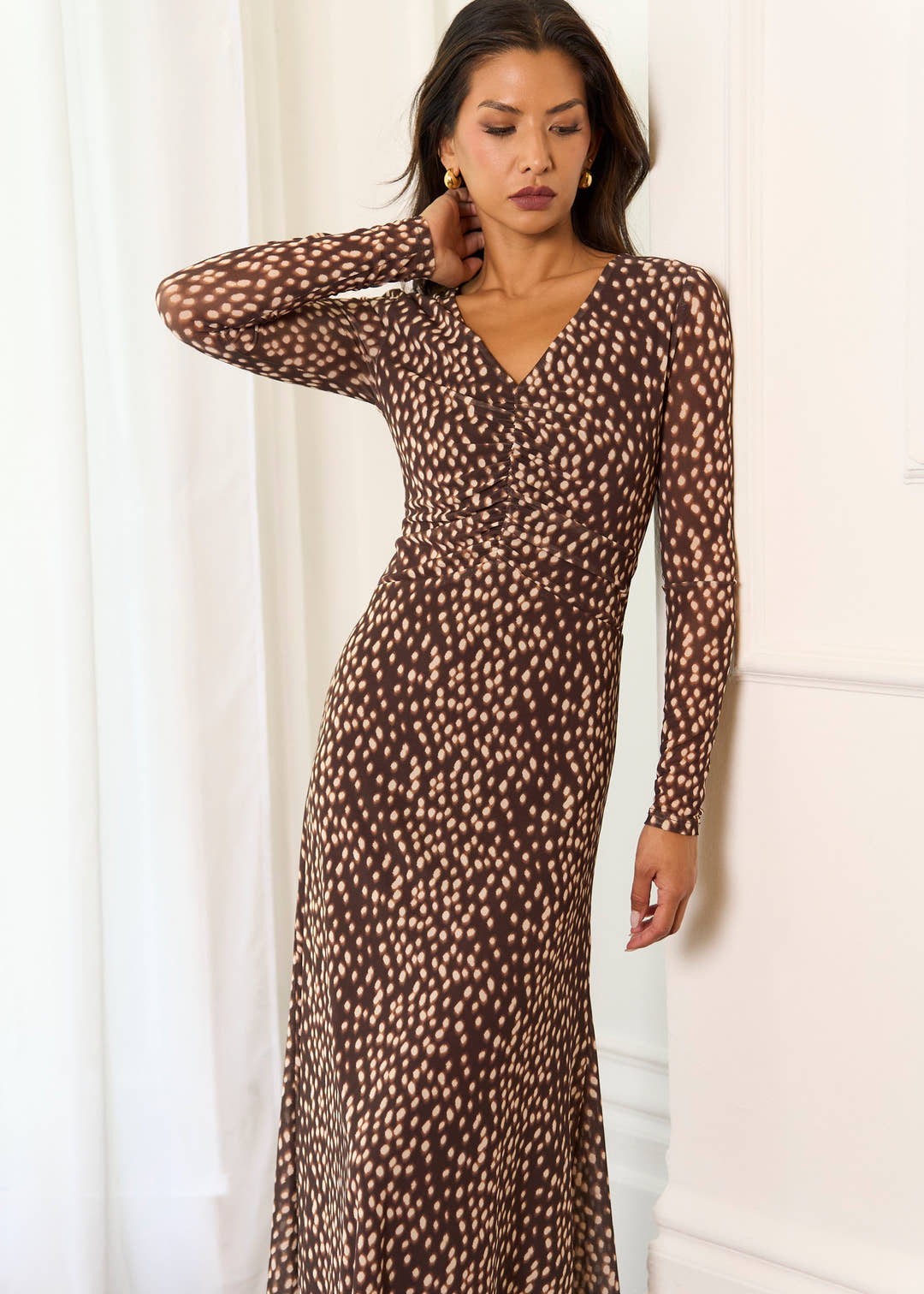 Gini London Brown Animal Mesh Ruched Front Midaxi Dress