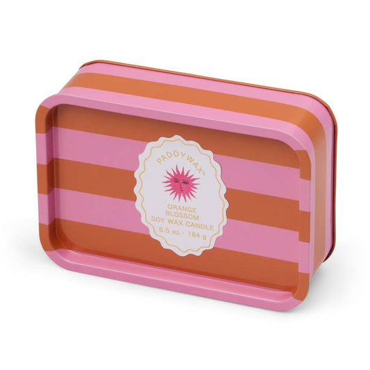 Striped pink and orange tin with a label on a white background