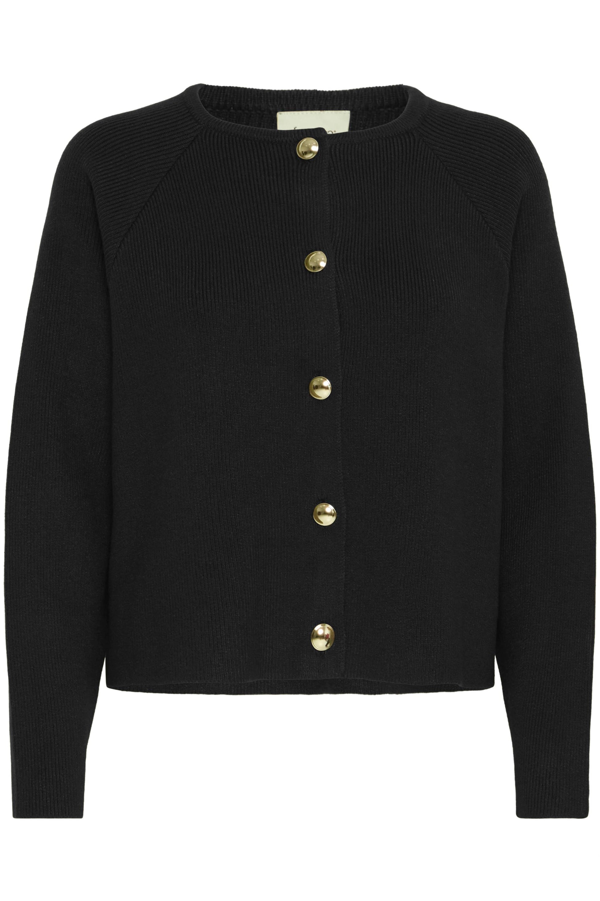 Black cardigan with gold buttons on a white background