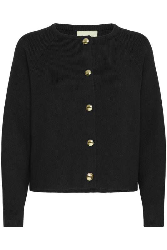 Black cardigan with gold buttons on a white background