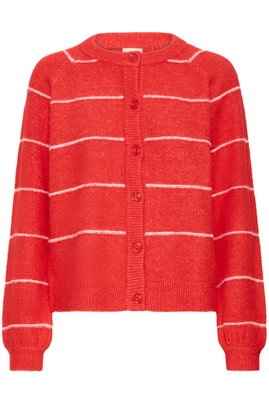 Red striped cardigan on a white background