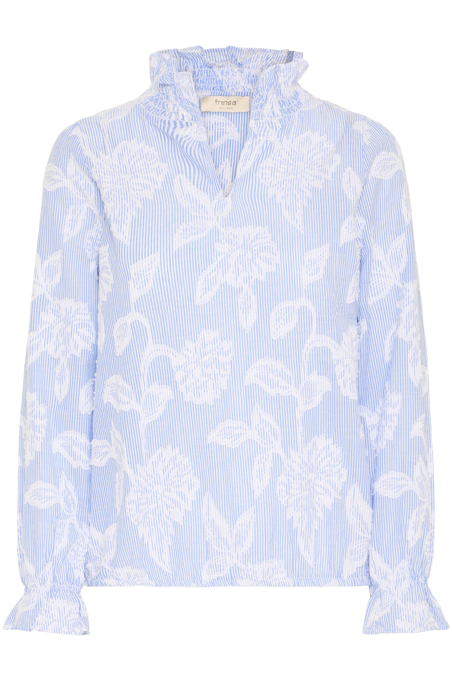 Light blue floral patterned blouse on a white background