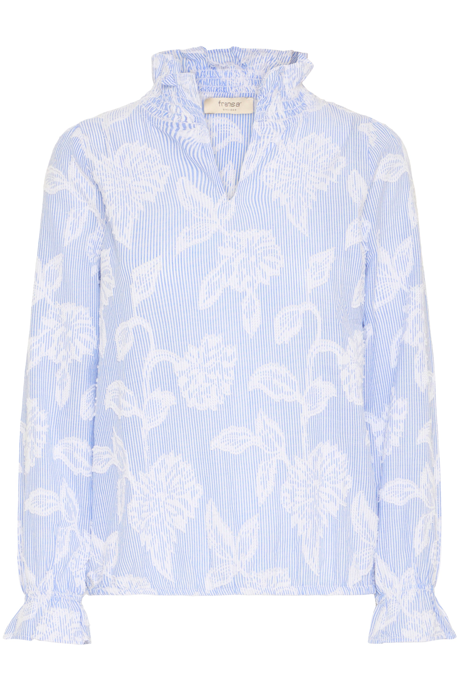 Light blue floral patterned blouse on a white background