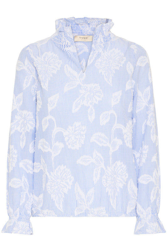 Light blue floral patterned blouse on a white background