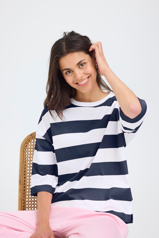 Fransa Milda Tee 1 in White with Navy Stripe