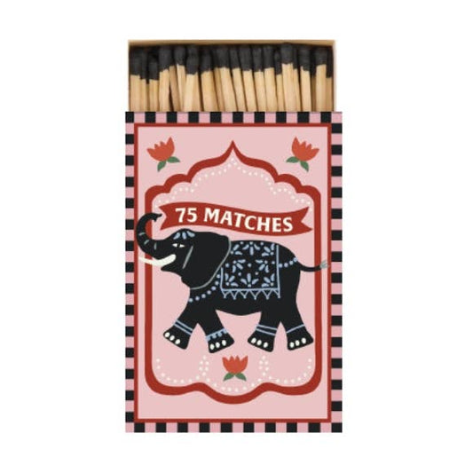 Matchbox with elephant design and '75 Matches' text on a white background