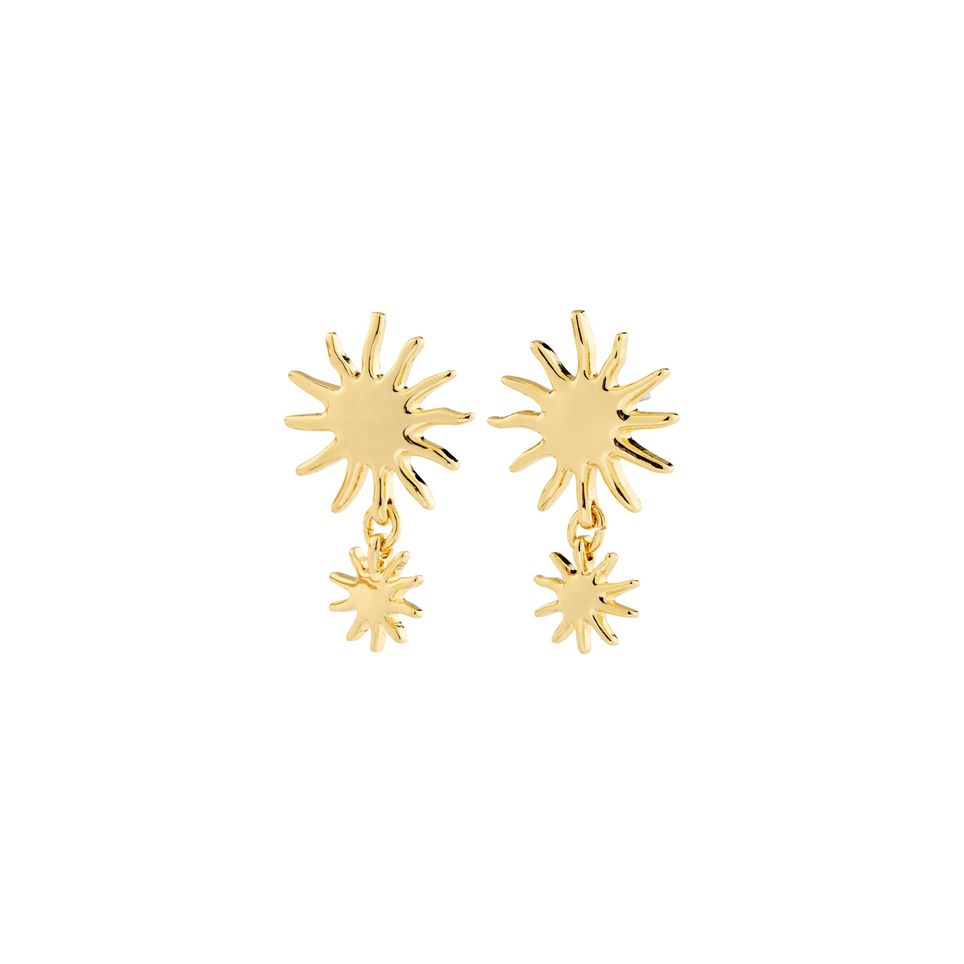 Gold sun-shaped earrings on a white background