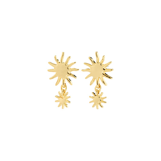 Gold sun-shaped earrings on a white background