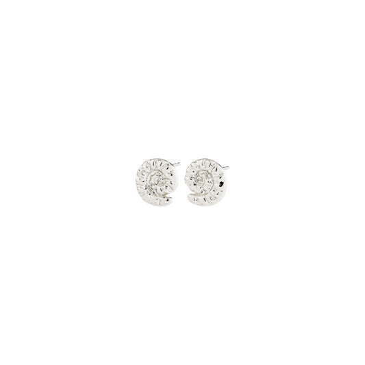 Pair of silver earrings with clear stones on a white background