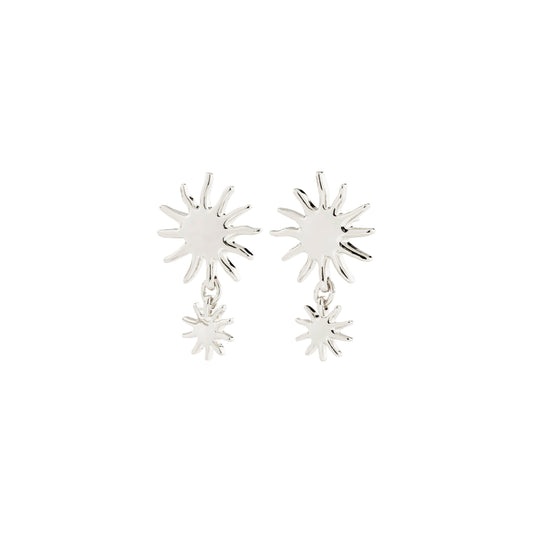 playful silver double sun motif earrings on a white background