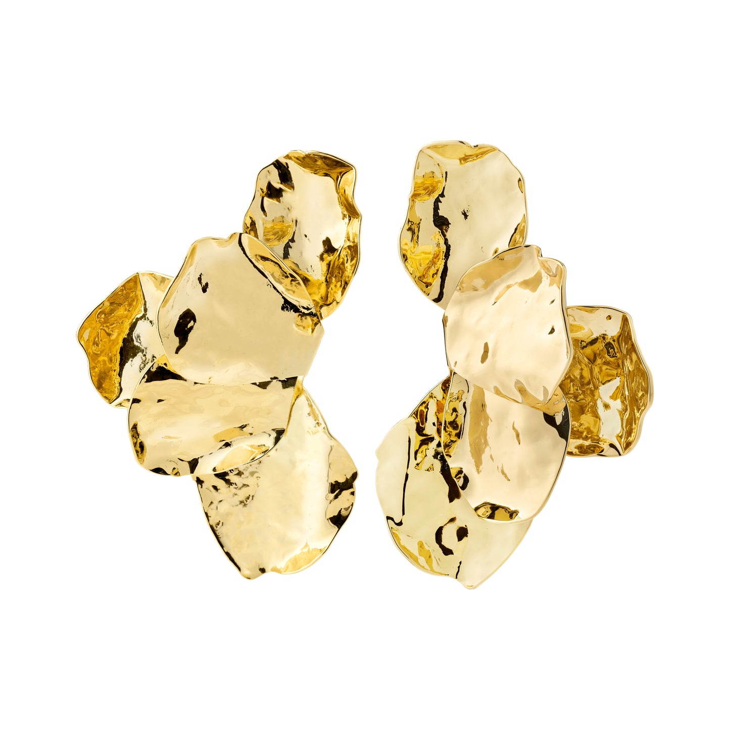 Gold earrings with a textured design on a white background