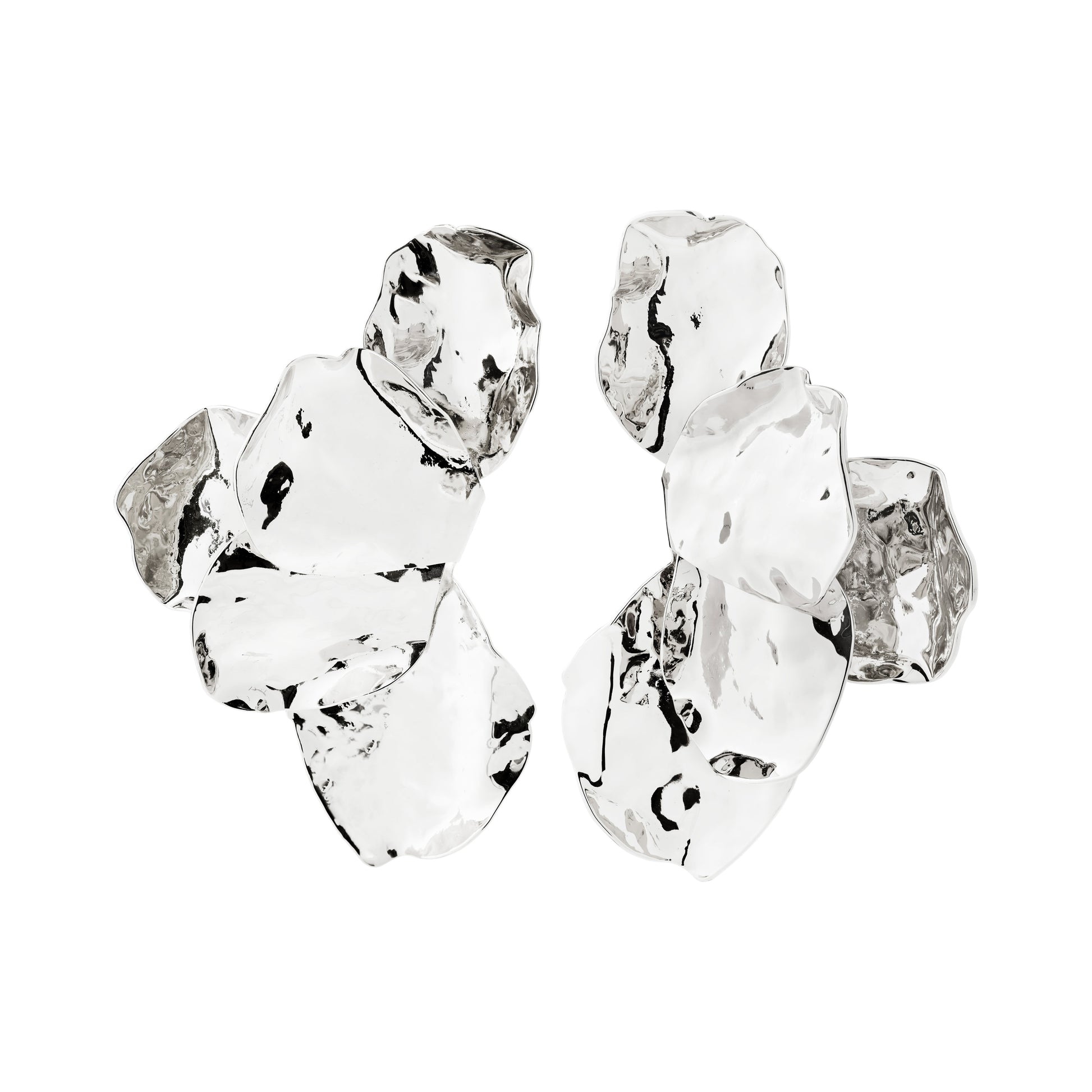 Pair of silver earrings with clear gemstones on a white background