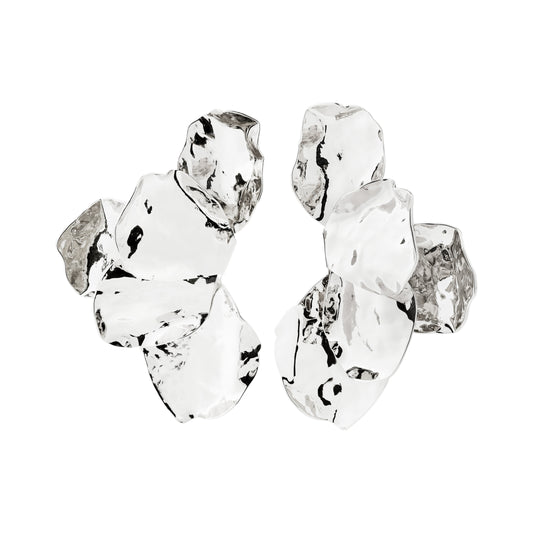 Pair of silver earrings with clear gemstones on a white background
