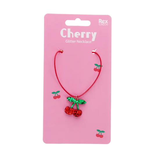 Cherry-themed glitter necklace on a pink card with 'Rex' branding.