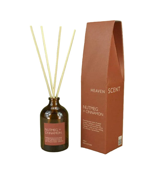 Amber glass reed diffuser bottle with four natural reed sticks next to its brown cardboard packaging box, both labeled 'Heaven Scent Nutmeg & Cinnamon' on a solid olive green background.