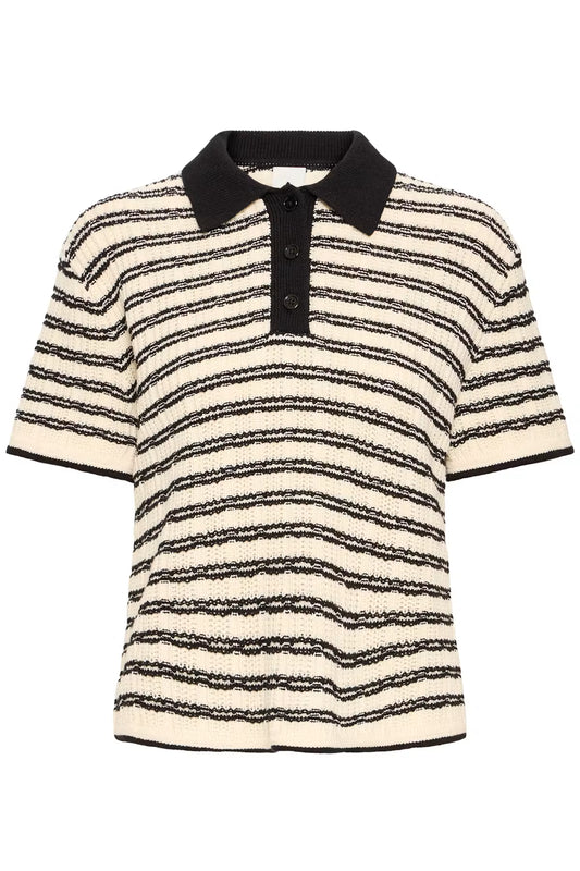 ICHI Channy Knitted Polo in Birch with Black Stripe